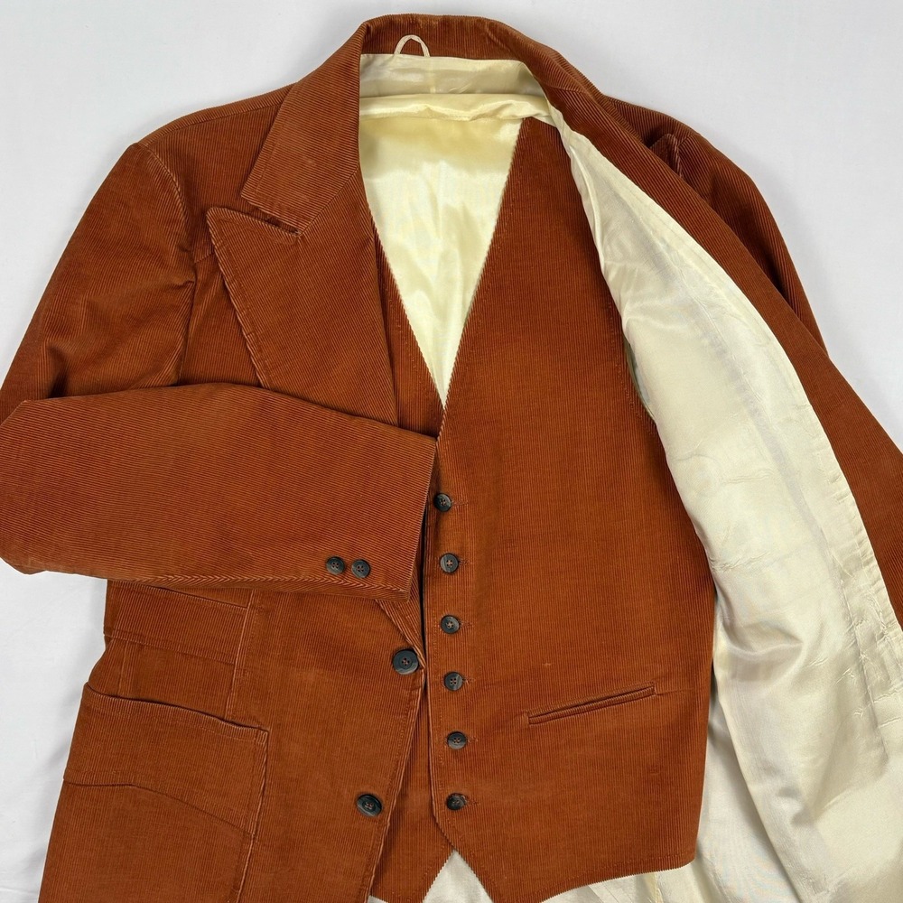 VTG 70s Corduroy Sport Coat/Vest Set Patch Pockets/Ticket Pocket 38L Rust Orange